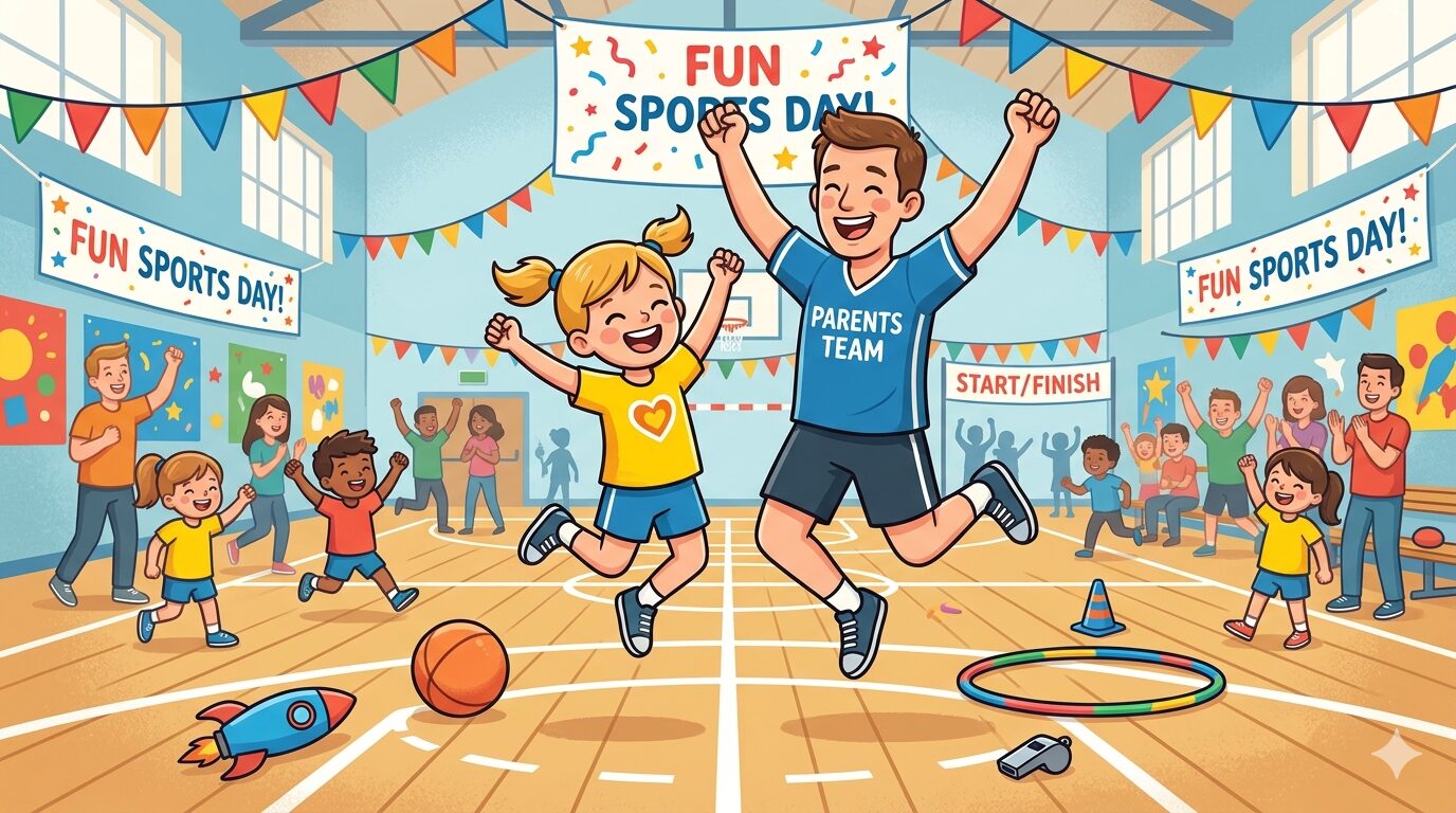 親子で元気いっぱいに体を動かしている、明るくポジティブな雰囲気。